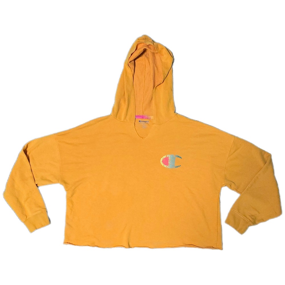 Champion Cropped Hoodie Rainbow Logo Yellow Pullover Sweatshirt Women's